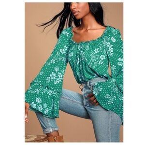 Free People One On One Date Bodysuit Top Green Floral Long Bell Sleeve
